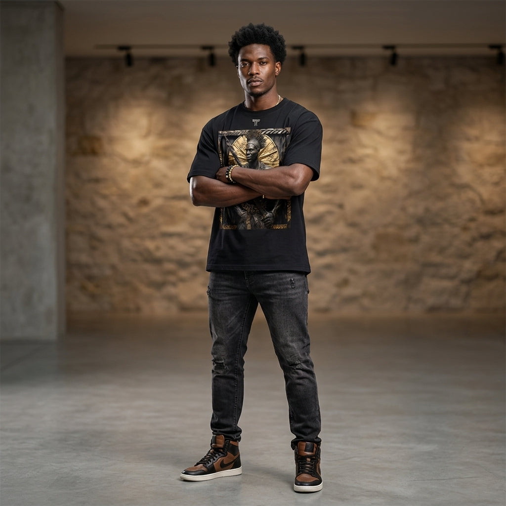 Folded black organic cotton t-shirt with champagne-gold sacred geometry embroidery